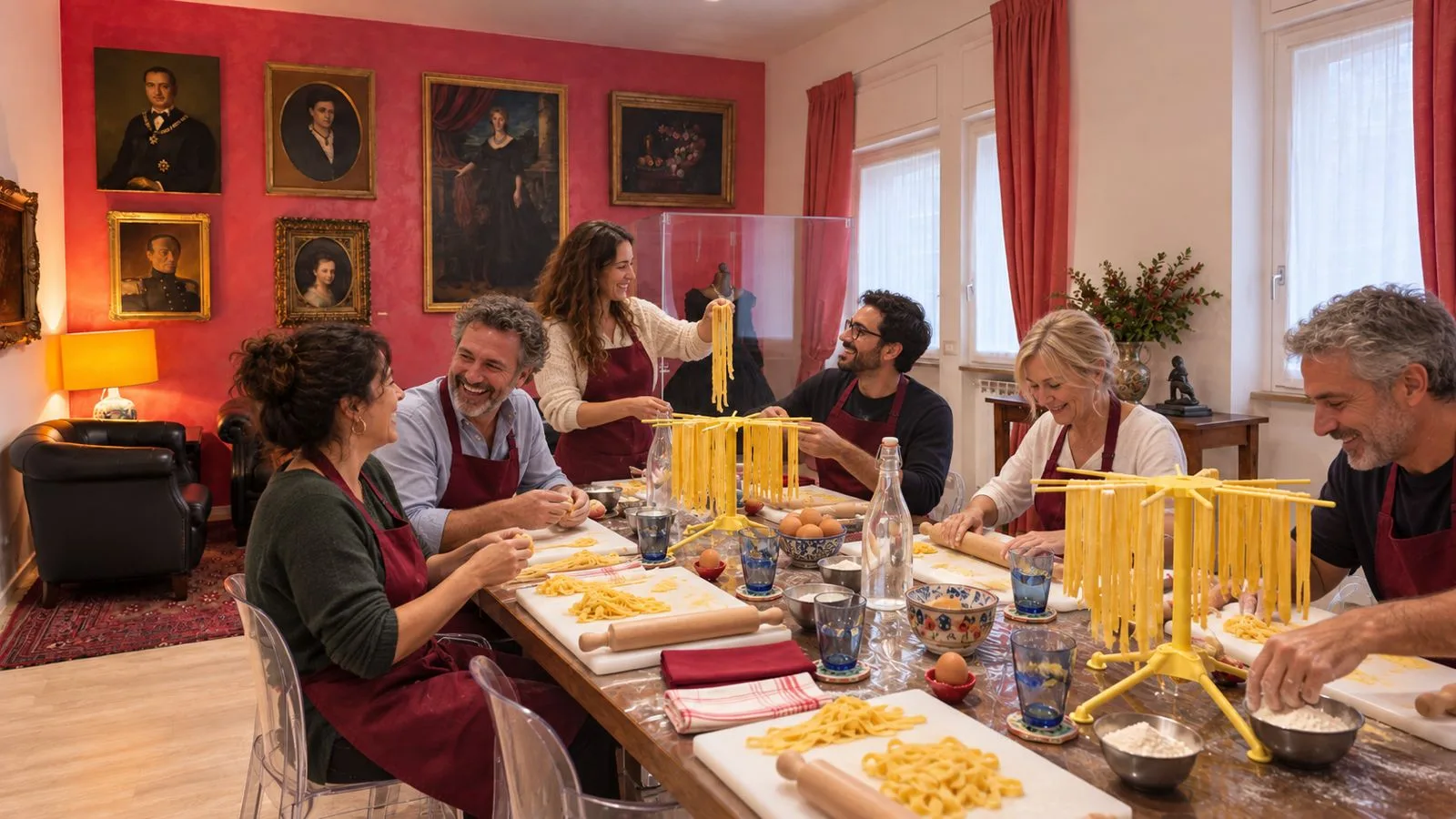 Group making fresh tagliatelle at a cooking class in Milan