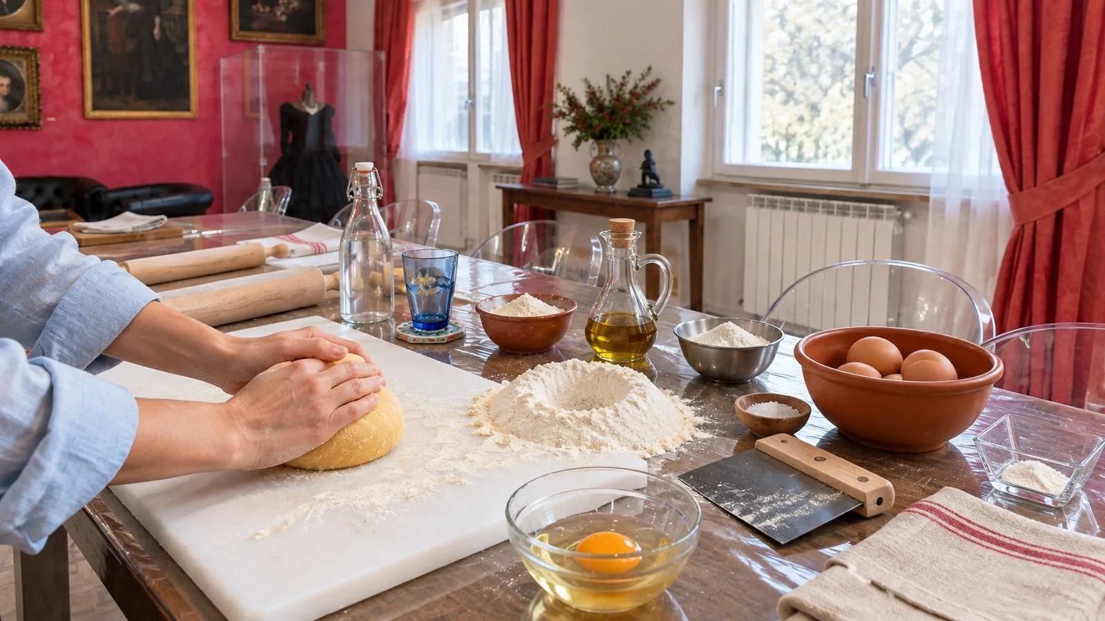 Kneading fresh egg pasta dough next to a flour well