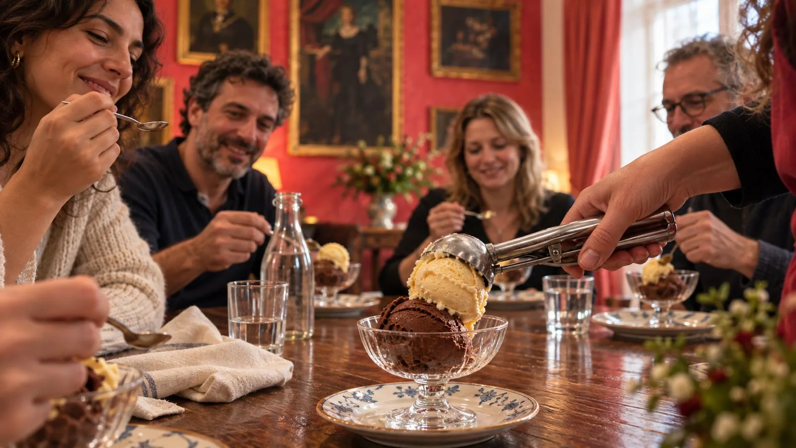 Guests enjoying homemade gelato at the table after a cooking class in Milan