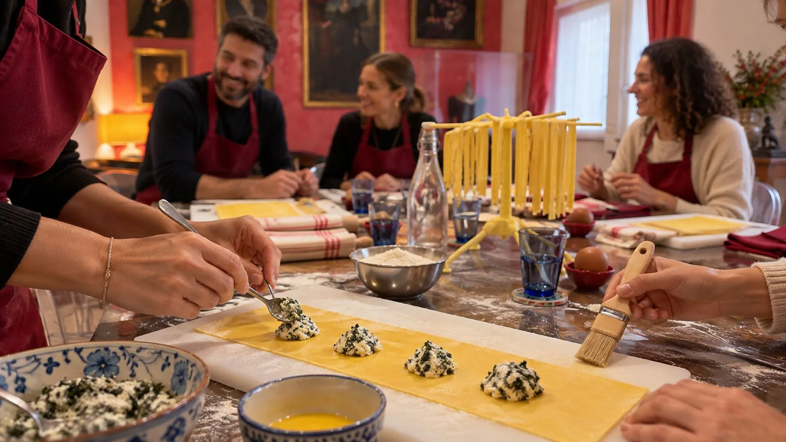 Filling ricotta and spinach ravioli by hand