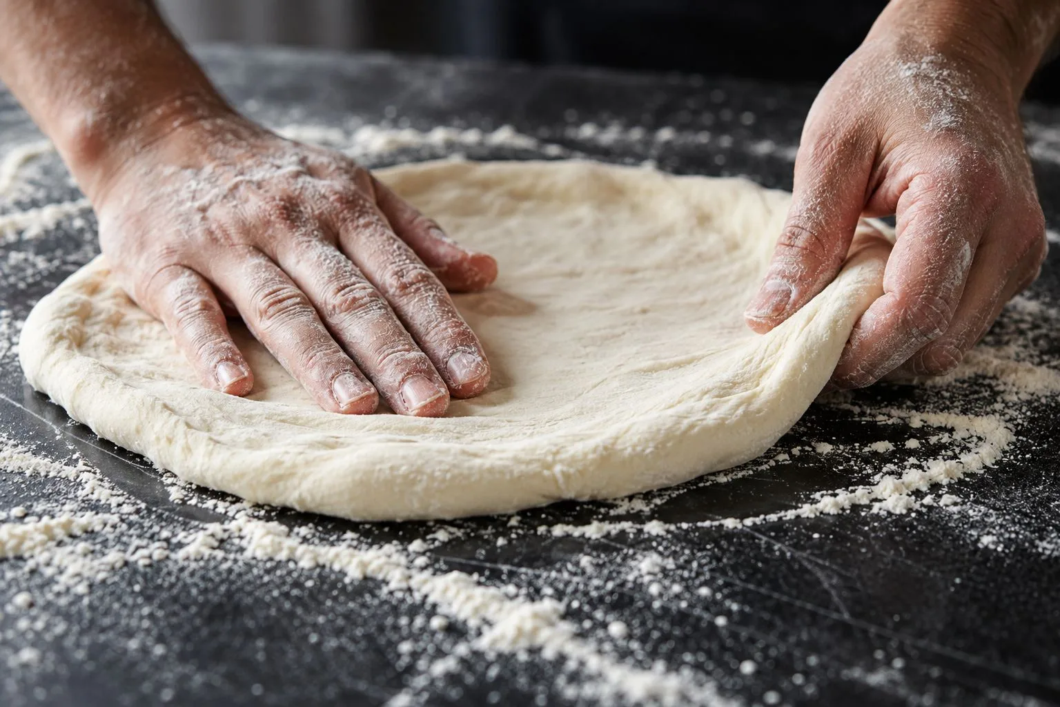 Hands stretching pizza dough on a floured counter