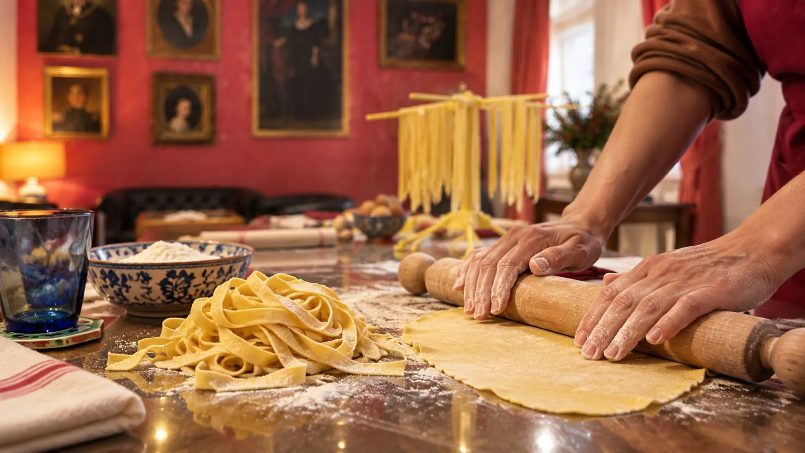 Rolling fresh pasta by hand next to hand-cut tagliatelle
