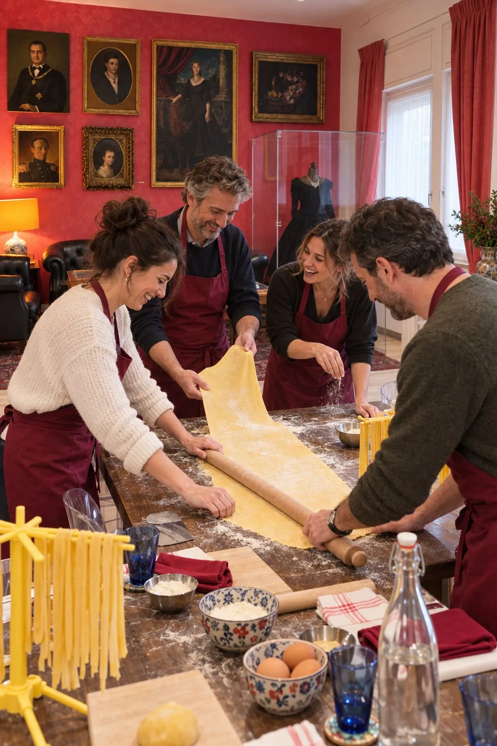 Guests rolling a sheet of fresh pasta together