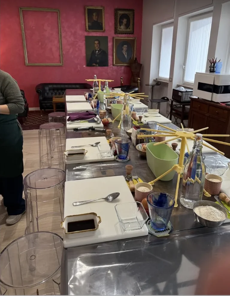 The cooking class room with the long table set